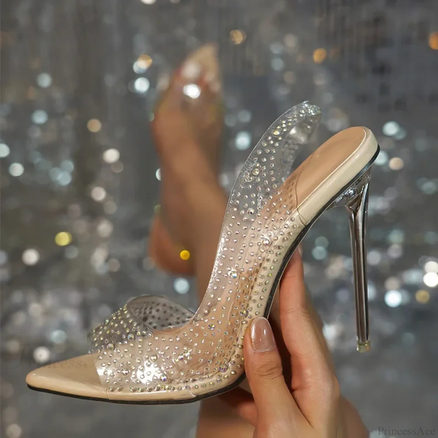 Crystal Rhinestone Transparent Pvc Women Pumps Stilettos High Heels Pointed-Toe Wedding Party Heel