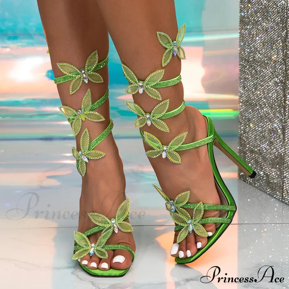 Crystalfashion Elegant Green Square-Toe Wedding Banquet Sexy Butterfly Ankle-Strap Sandals High