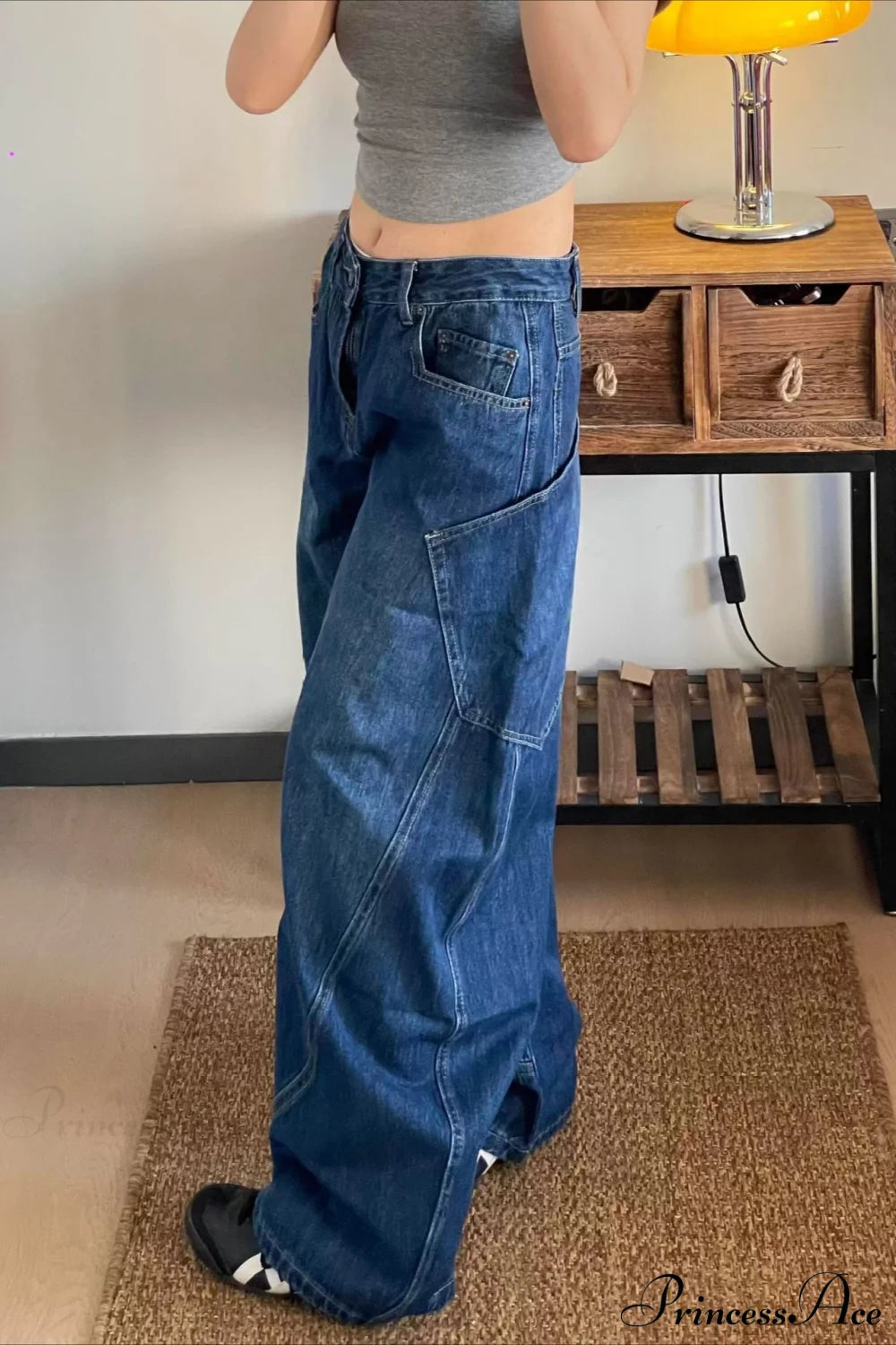 Curved Denim High Waist Loose Cargo Pants