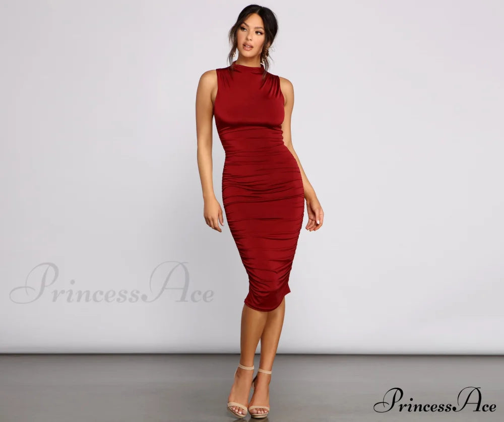 Curves Ahead Sleeveless Charming Ruched Midi Dress Dressy Dresses