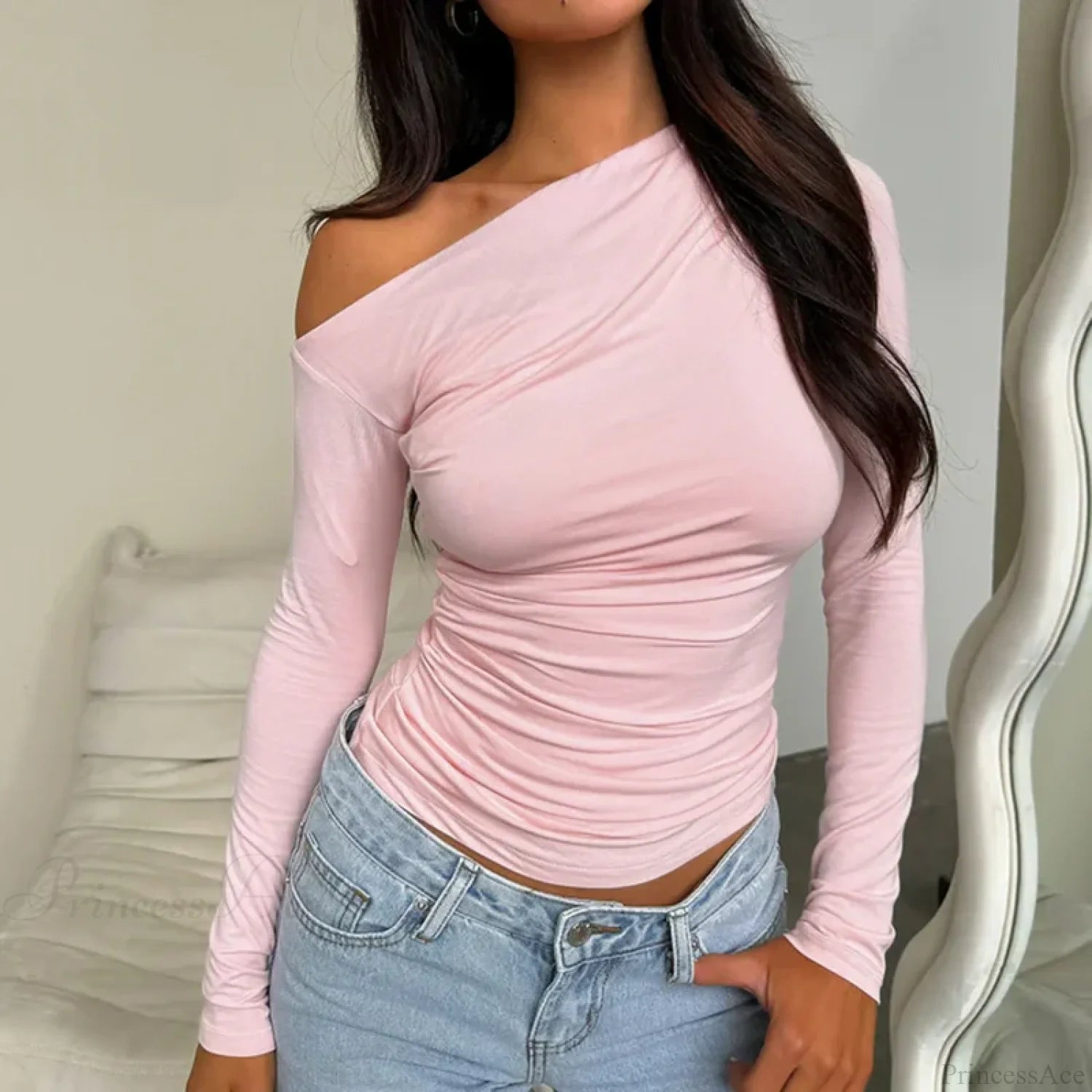 Custom Design Casual Boat Neck Off Shoulder Slim Crop Knit Top Pink / S knittop-250126