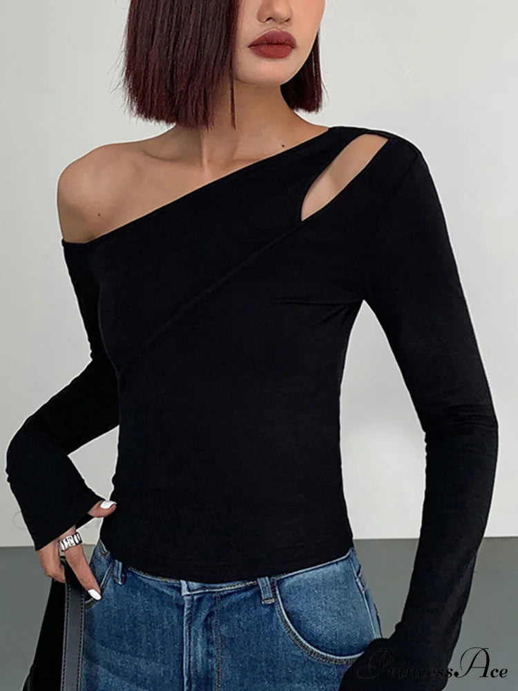 Cut Out Asymmetric Off Modern Shoulder Slinky Long Sleeve Shirt T-Shirts