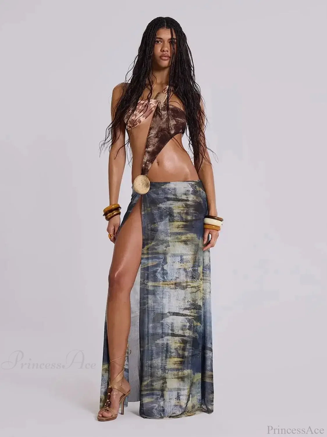 Cut Out Mesh Print Long Bikini Set