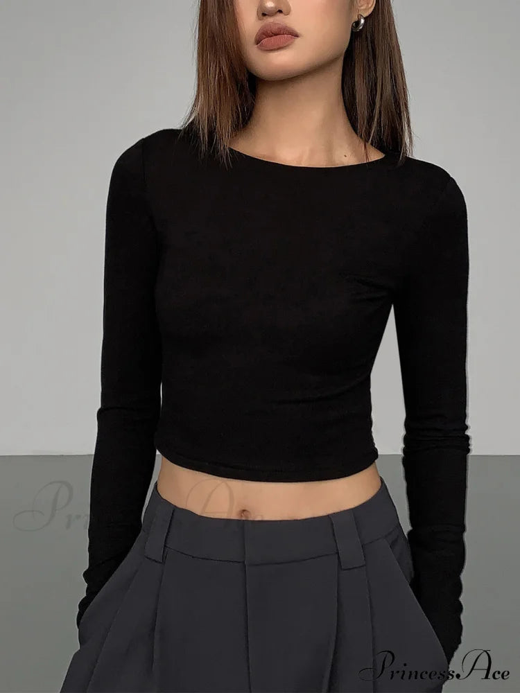 Cut Out Open Back Modern Long Sleeve Crop Top T-Shirts