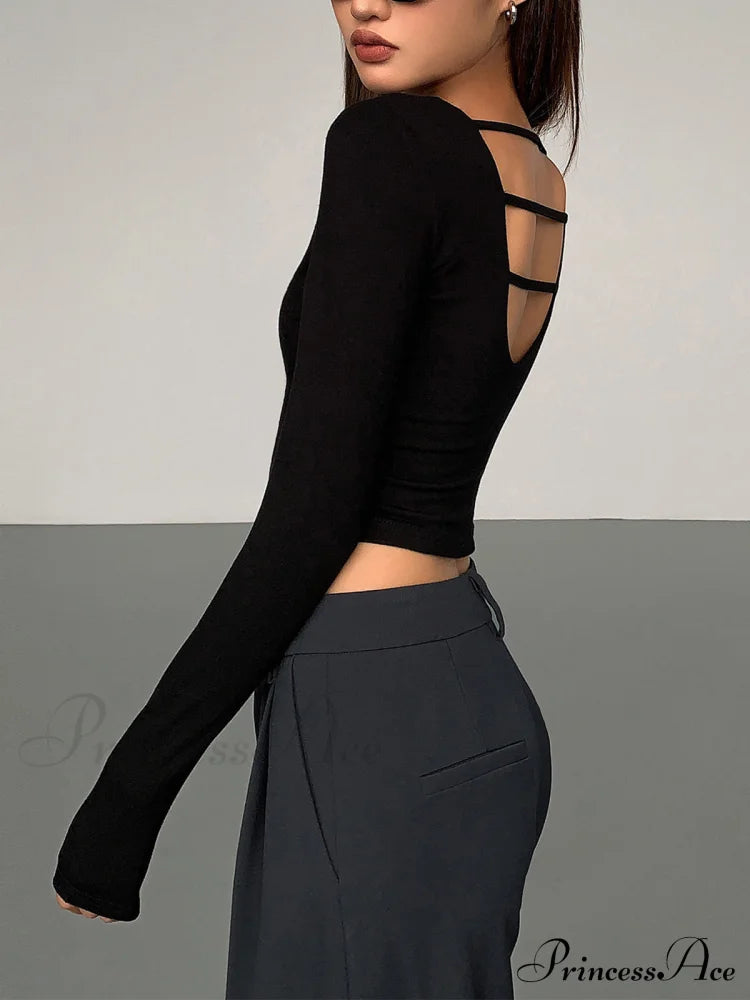 Cut Out Open Back Modern Long Sleeve Crop Top T-Shirts