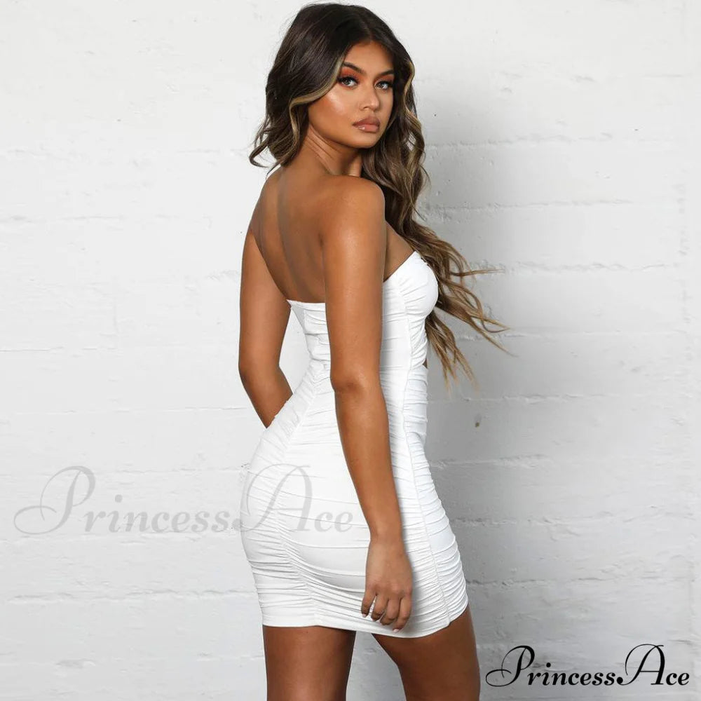 Cut Out Ribbed Trendy Split Midi Dress L / White Strapless Dresses