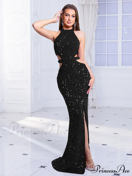 Cut-Out Sequined Party Dress Black / S Partydress-241208