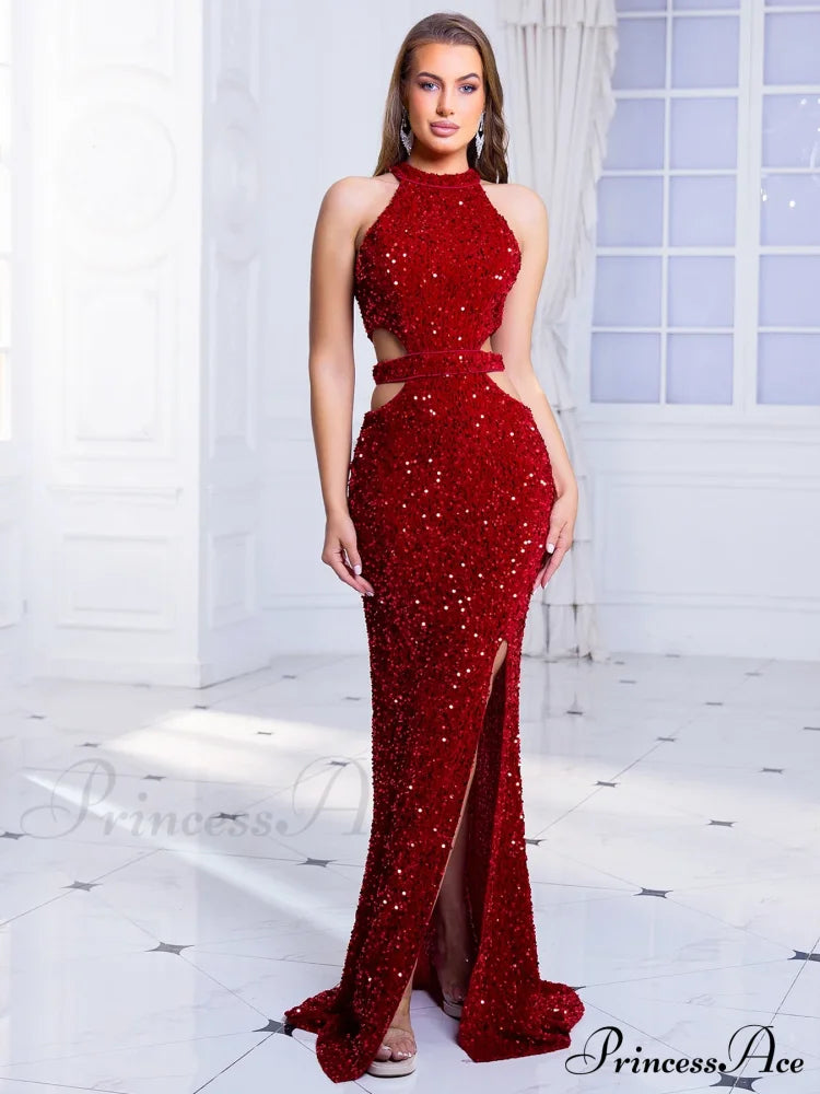 Cut-Out Sequined Party Dress Red / S Partydress-241208