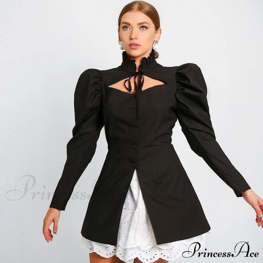 Cute Cotton Blend Deep V Neck Sophisticated Puff Sleeve Skater Mini Dress - White M / Black Blouses