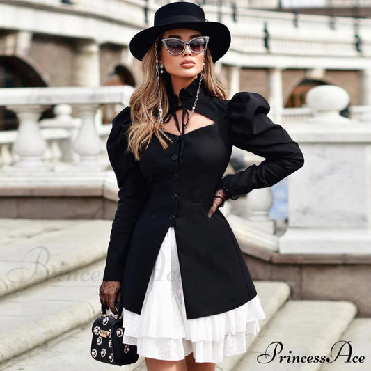 Cute Cotton Blend Deep V Neck Sophisticated Puff Sleeve Skater Mini Dress - White S / Black Blouses