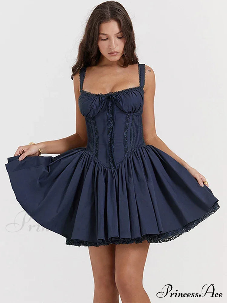 Cute Elegant Italian Noodle Strap Lace Up Red Christmas Party Dress Navy Blue / S Dresses-L