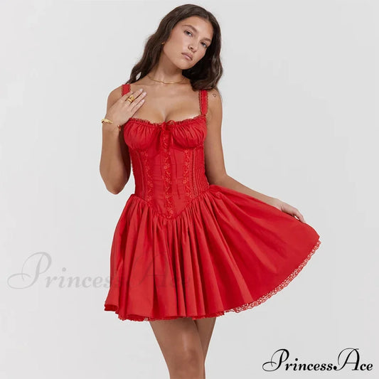 Cute Elegant Italian Noodle Strap Lace Up Red Christmas Party Dress / S Dresses-L