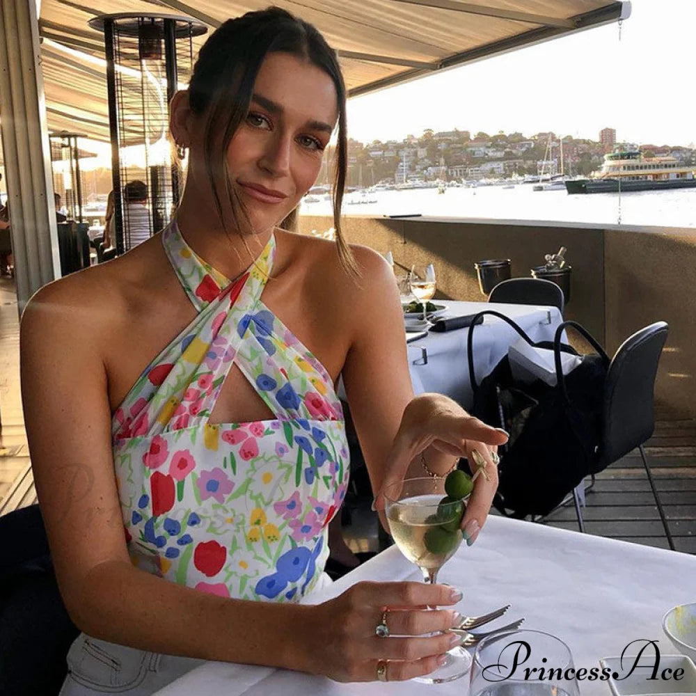 Cute Floral Print Pullover Knit Classic Shorts Matching Set - White L / Colorful Crop Tops