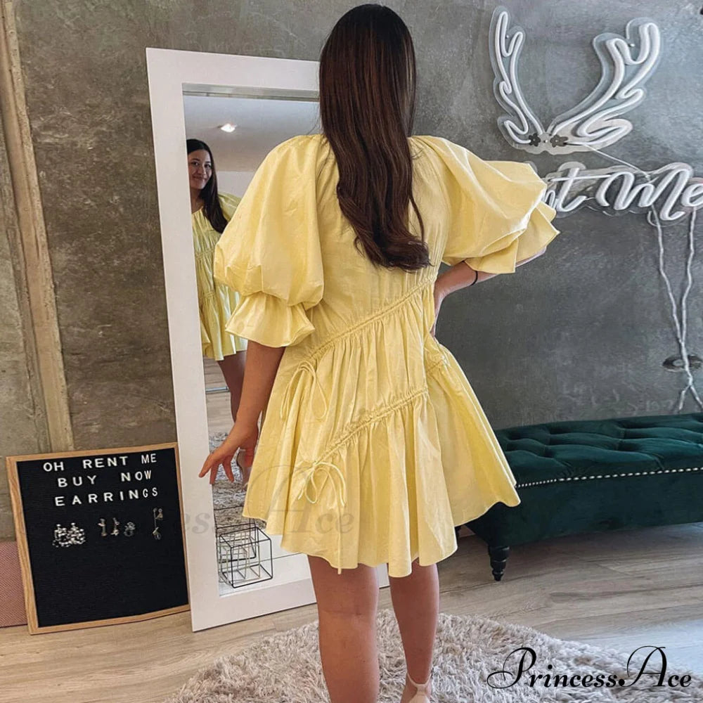 Cute Off Shoulder Puff Sleeve Classic Bodycon Party Mini Dress - White L / Yellow Vacation Dresses