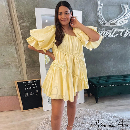 Cute Off Shoulder Puff Sleeve Classic Bodycon Party Mini Dress - White M / Yellow Vacation Dresses