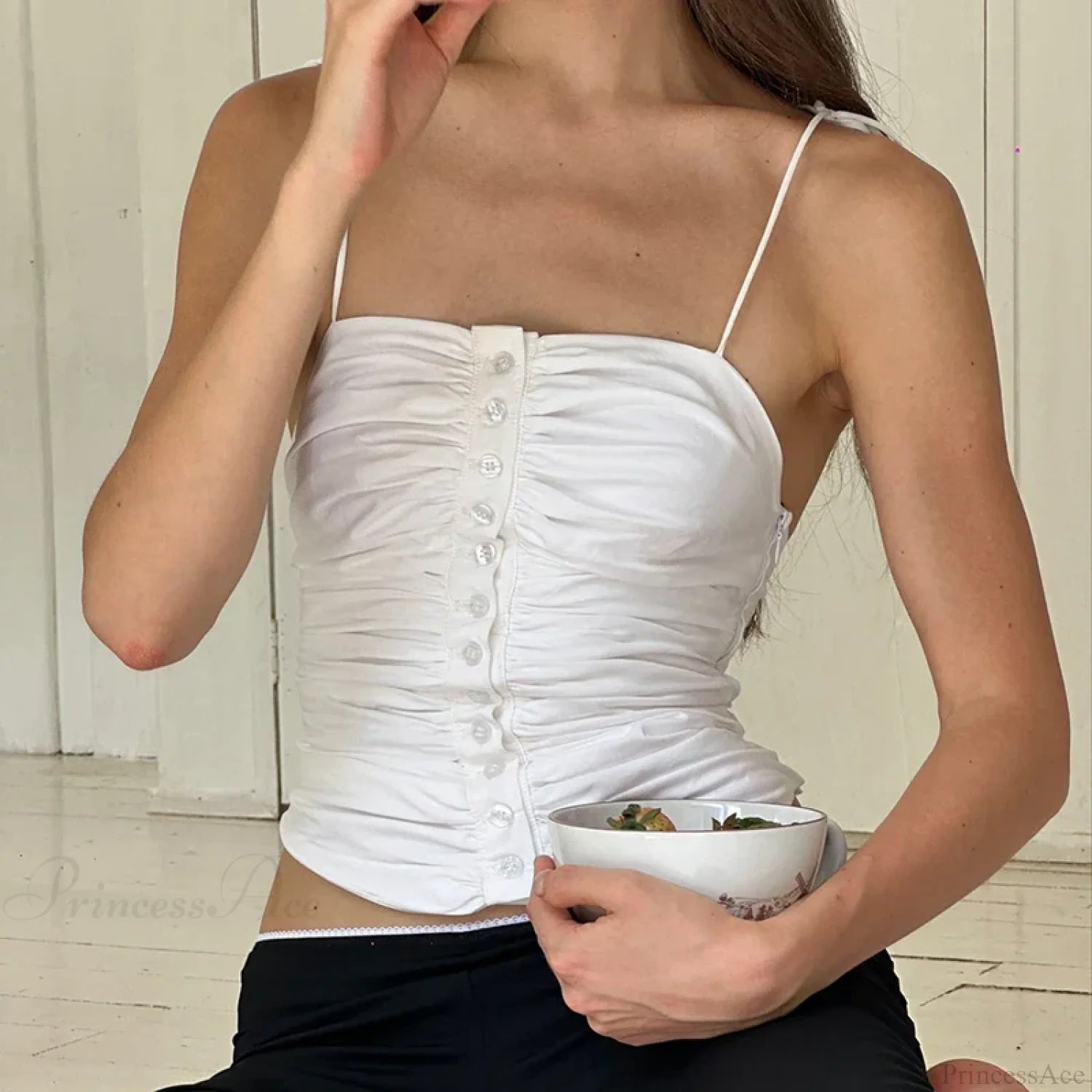 Cutest Backless Summer White Tank Vintage Buttons Ruched Tie-Up Y2K Crop Top croptop-250126