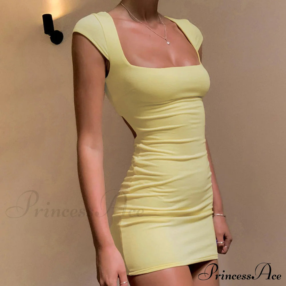 Cutout Back Short Sleeve Square Classic Neck Bodycon Mini Dress - Black L / Yellow Casual Dresses