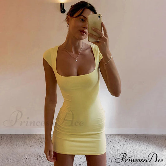 Cutout Back Short Sleeve Square Classic Neck Bodycon Mini Dress - Black S / Yellow Casual Dresses