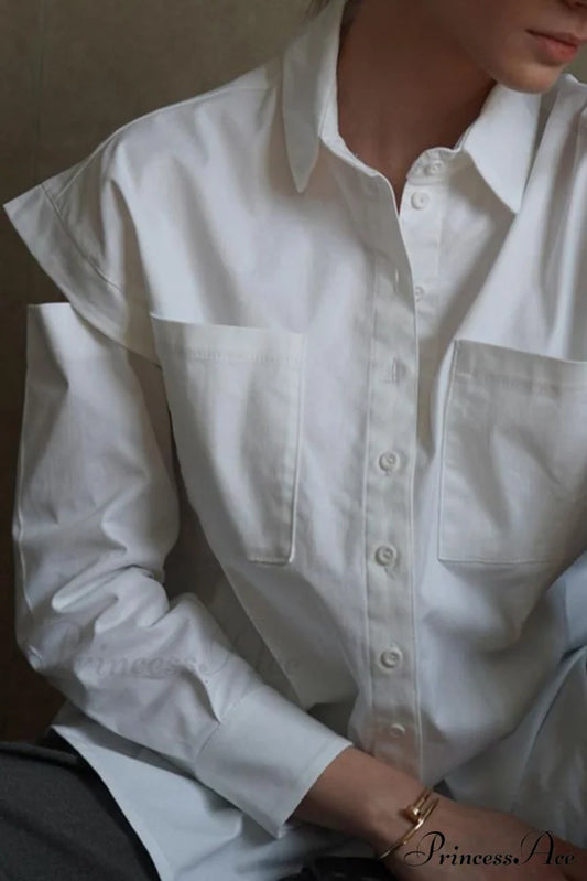 Cutout Long Tops Blouse White With Sleeves / M Blouses