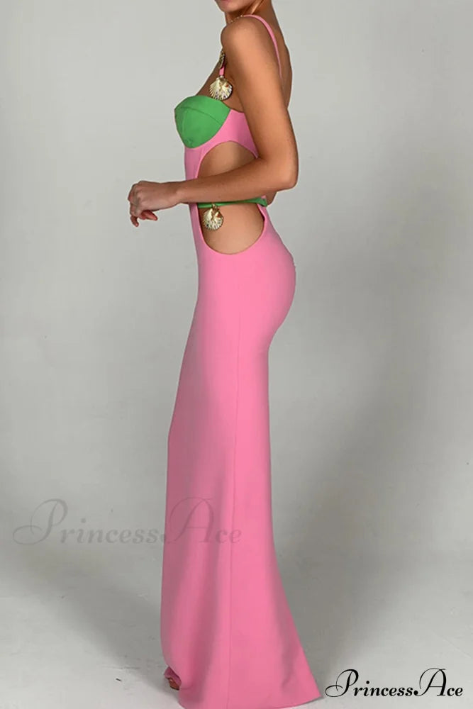 Cutout Slit Back Cami Dress With Contrast Detail Pink / L Maxi Dresses