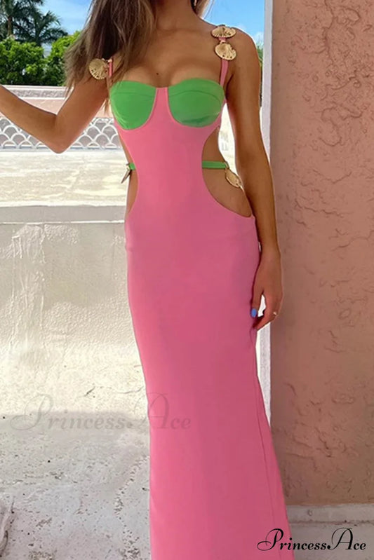 Cutout Slit Back Cami Dress With Contrast Detail Pink / S Maxi Dresses