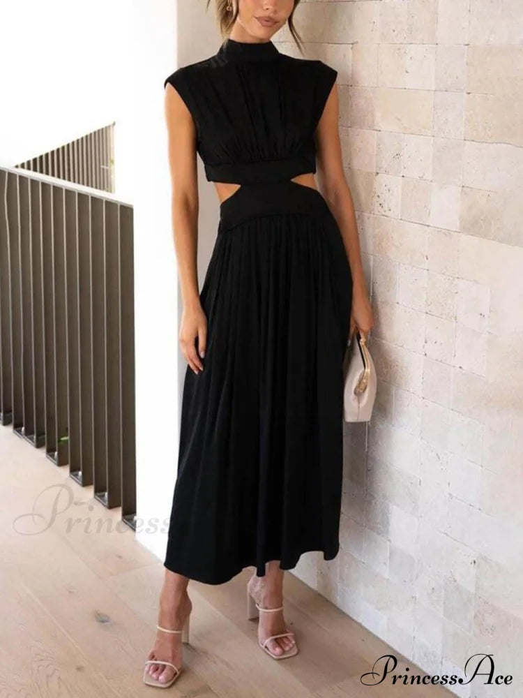 Cutout Waist Pocketed Charming Vacation Midi Dress Dresses