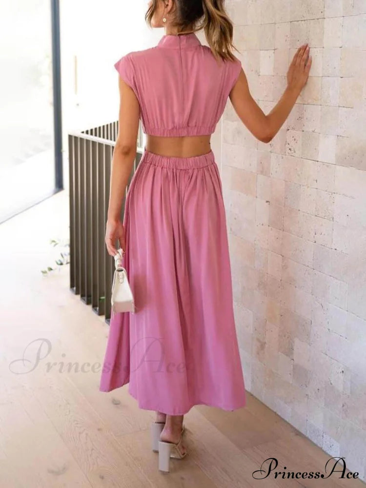 Cutout Waist Pocketed Charming Vacation Midi Dress Dresses