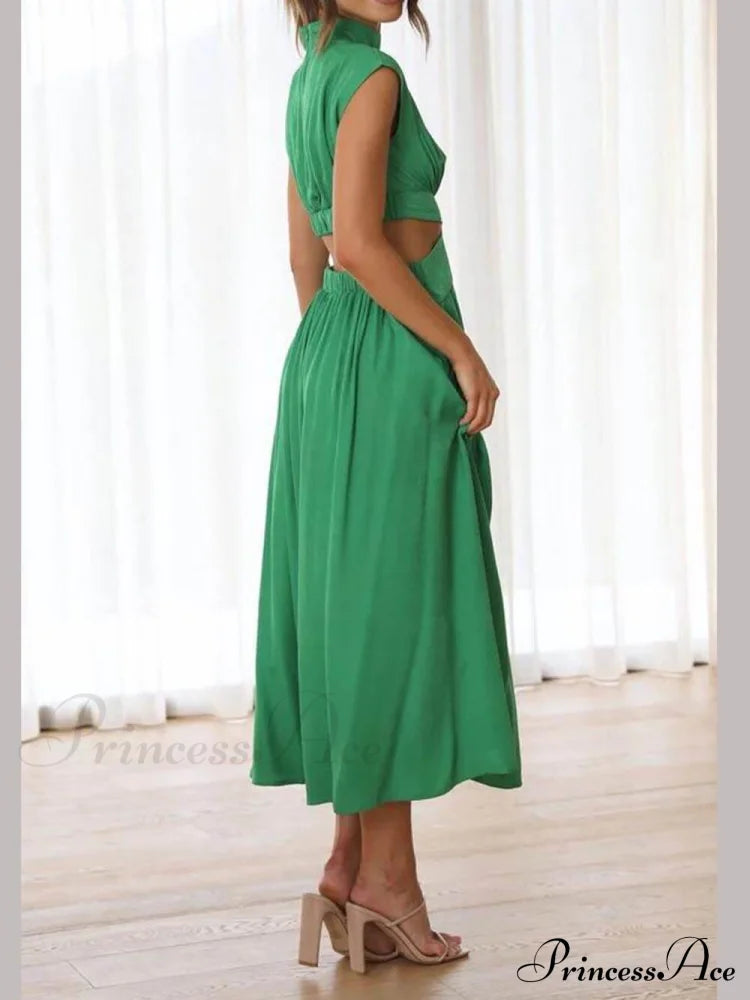 Cutout Waist Pocketed Charming Vacation Midi Dress Dresses