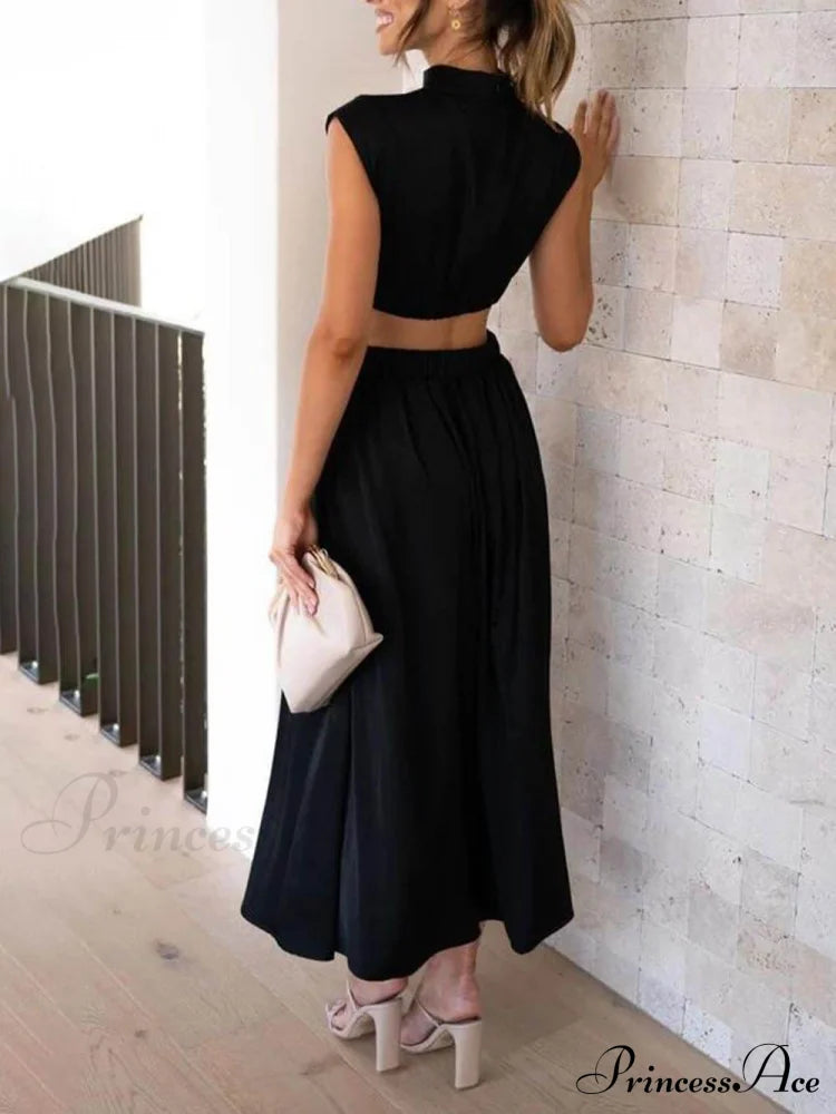 Cutout Waist Pocketed Charming Vacation Midi Dress Dresses