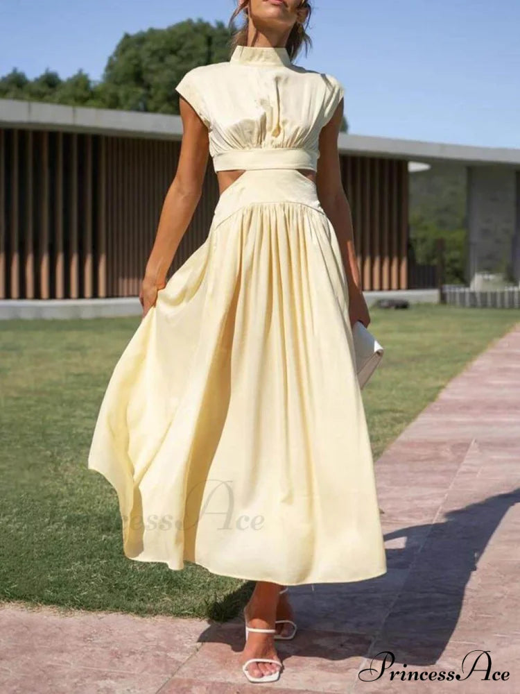 Cutout Waist Pocketed Charming Vacation Midi Dress Dresses