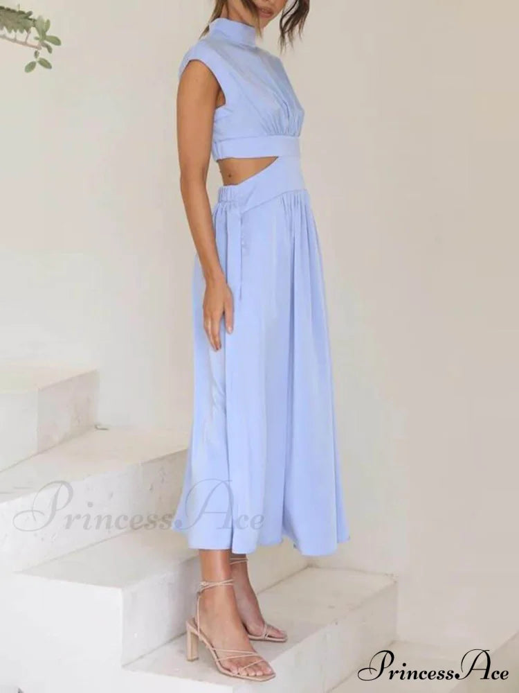 Cutout Waist Pocketed Charming Vacation Midi Dress Dresses