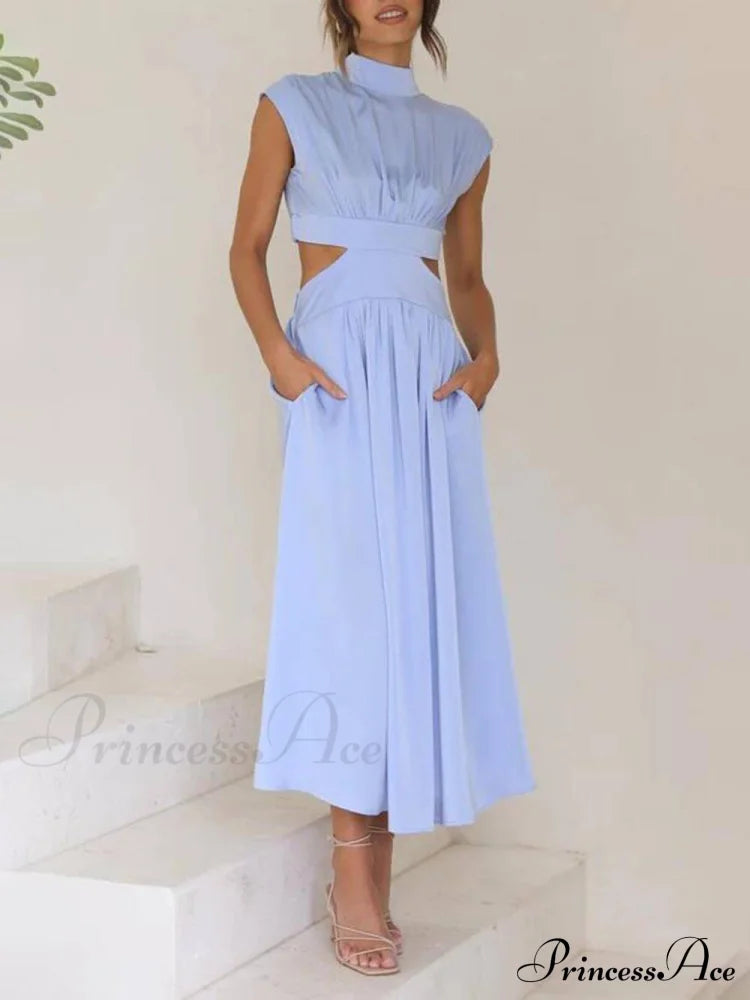 Cutout Waist Pocketed Charming Vacation Midi Dress Dresses