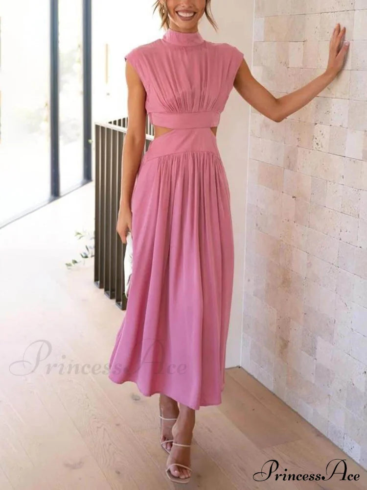 Cutout Waist Pocketed Charming Vacation Midi Dress Dresses