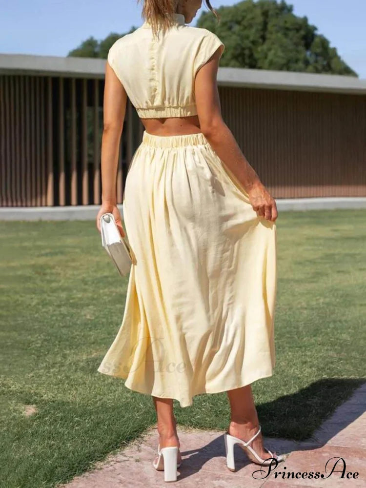 Cutout Waist Pocketed Charming Vacation Midi Dress Dresses