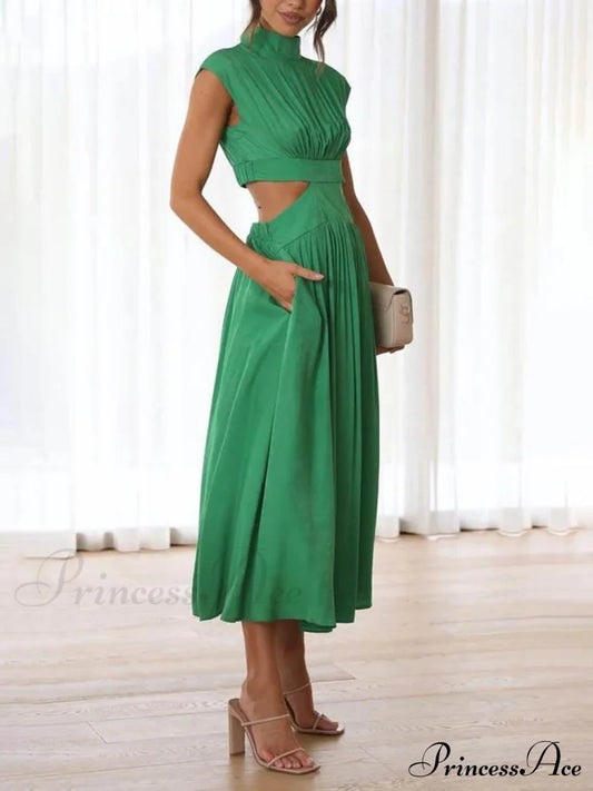 Cutout Waist Pocketed Charming Vacation Midi Dress Dresses