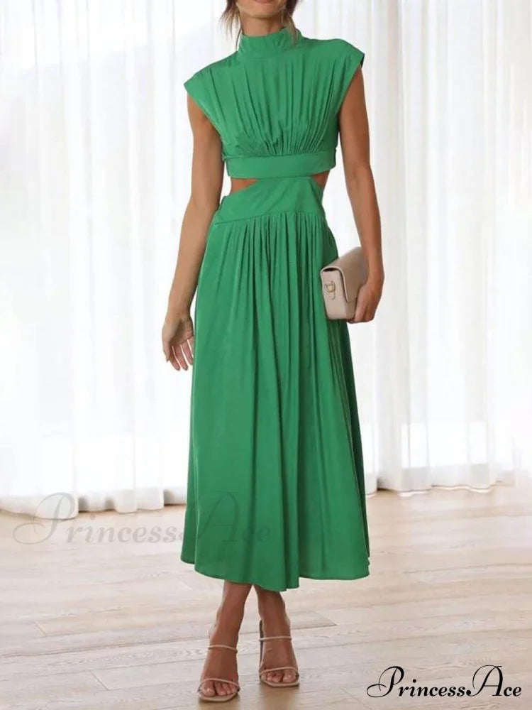 Cutout Waist Pocketed Charming Vacation Midi Dress Green / S Dresses