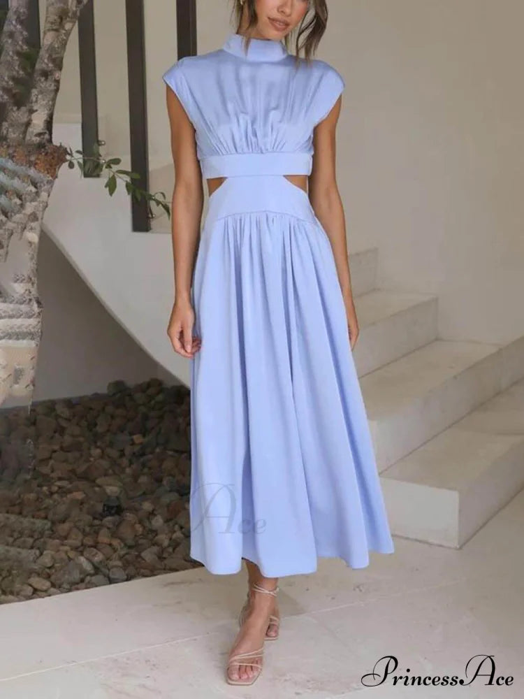 Cutout Waist Pocketed Charming Vacation Midi Dress Light Blue / S Dresses