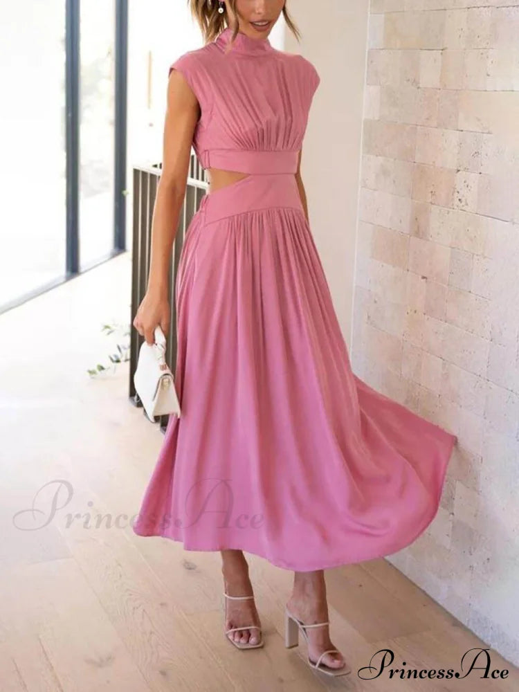 Cutout Waist Pocketed Charming Vacation Midi Dress Pink / S Dresses