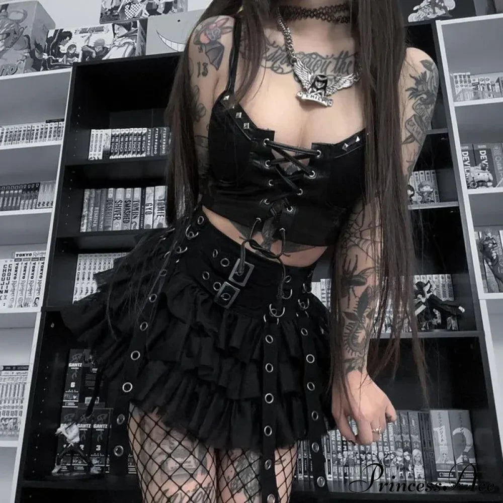 Cyber Gothic Pu Leather Lace-Up Y2K Emo Grunge Crop Top Black / S Halloween