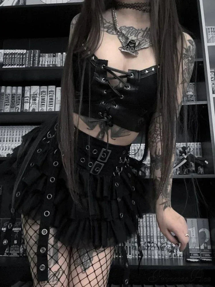 Cyber Gothic Pu Leather Lace-Up Y2K Emo Grunge Crop Top Halloween