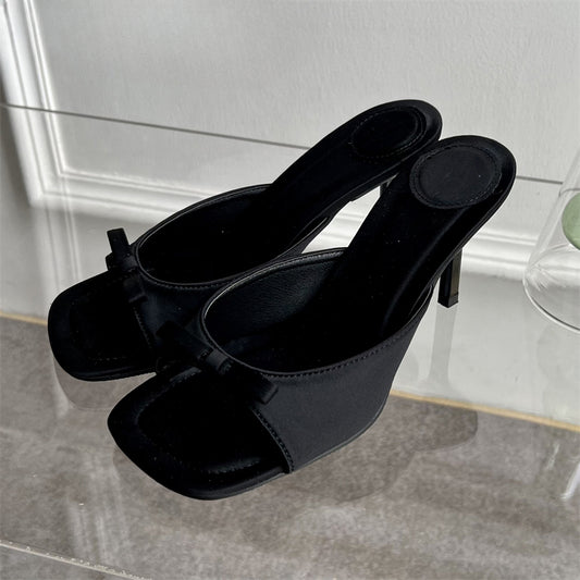 Summer Fashion Butterfly-knot Satin Slip On Thin High Heel Outdoor Dress Low Heel Pump