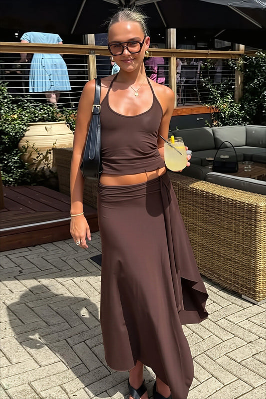 Solid Halter Asymmetric Maxi Skirt Set
