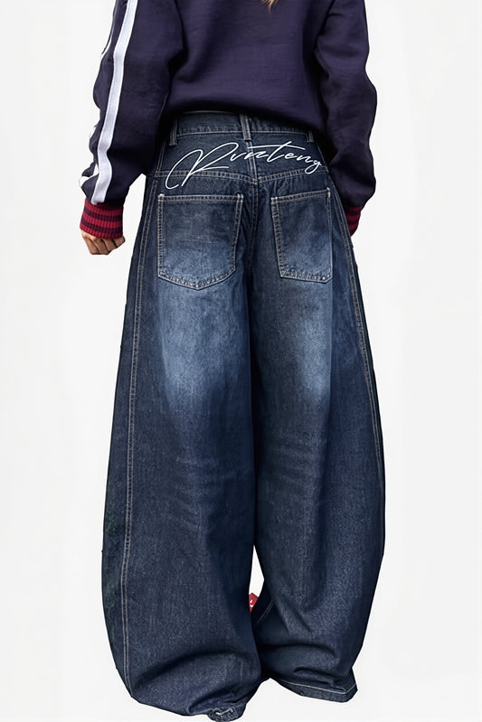Letter Washed Barrel Leg Jeans