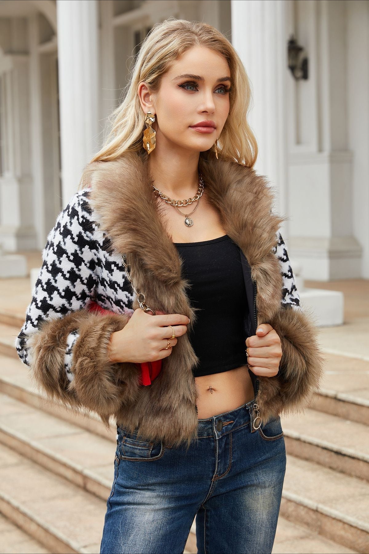 Plaid Detachable Fur Collar Short Coat Brown / S
