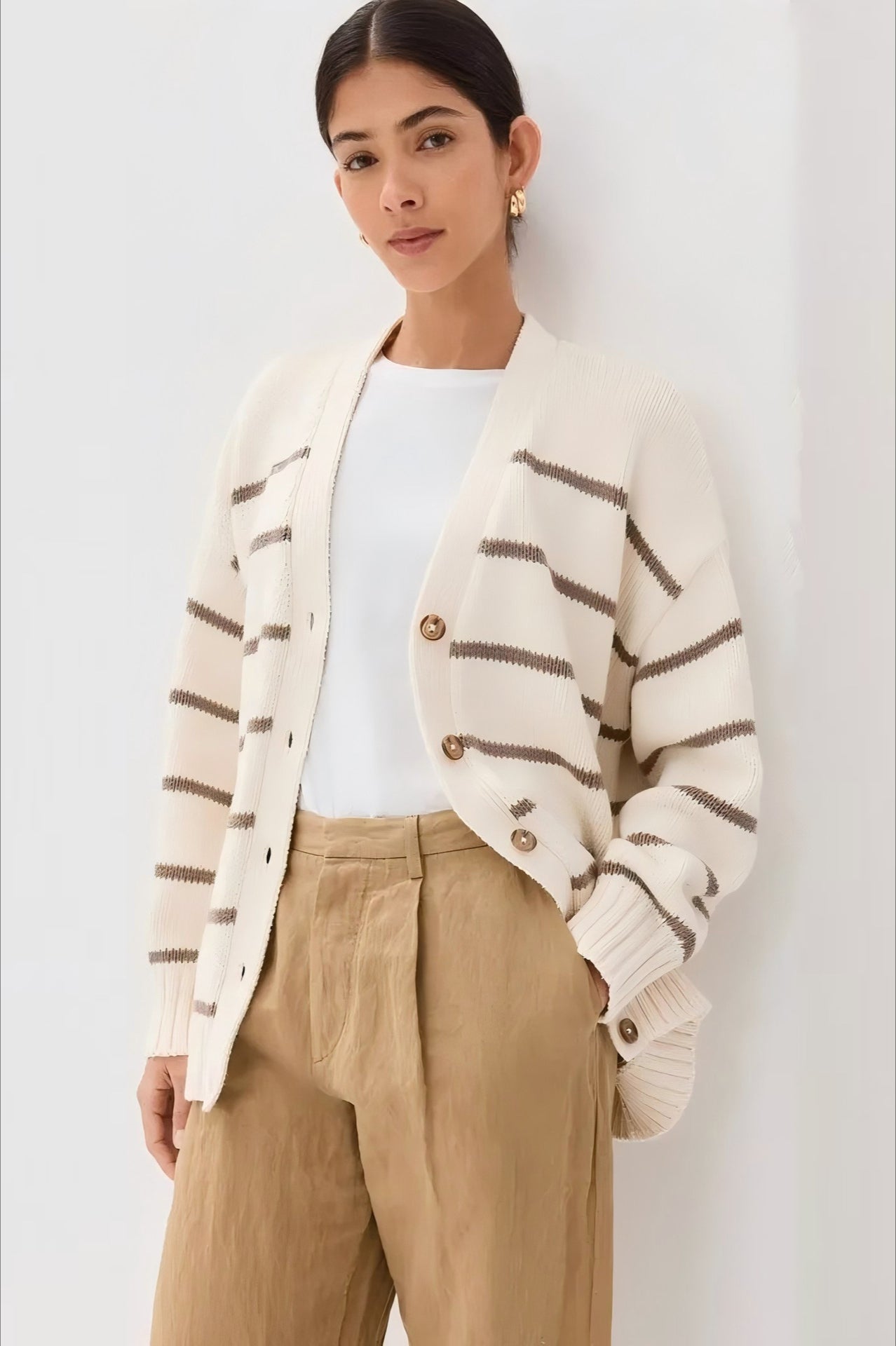 V Neck Striped Cotton Sweater S / Brown