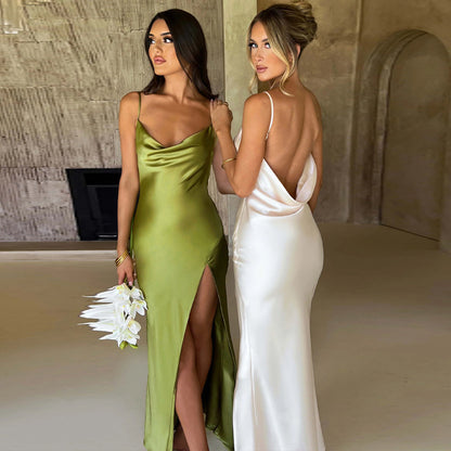 Elegant Women Satin V-neck Low Cut  Spaghetti Strap Backless Ruched High Split Party Female Vestidos