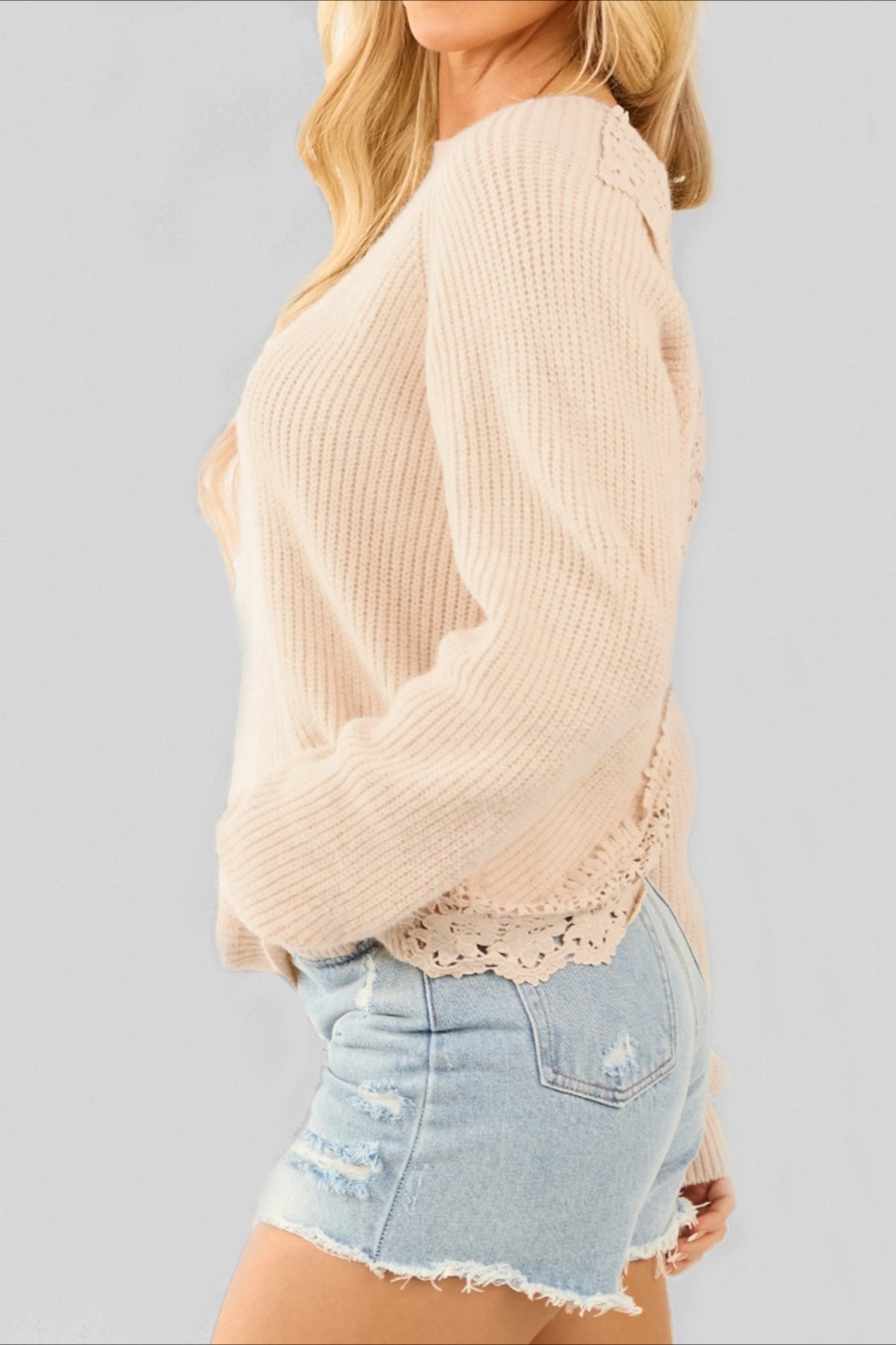 Elegant Sexy Open-Back Lace Paneled Long-Sleeve Knit Top