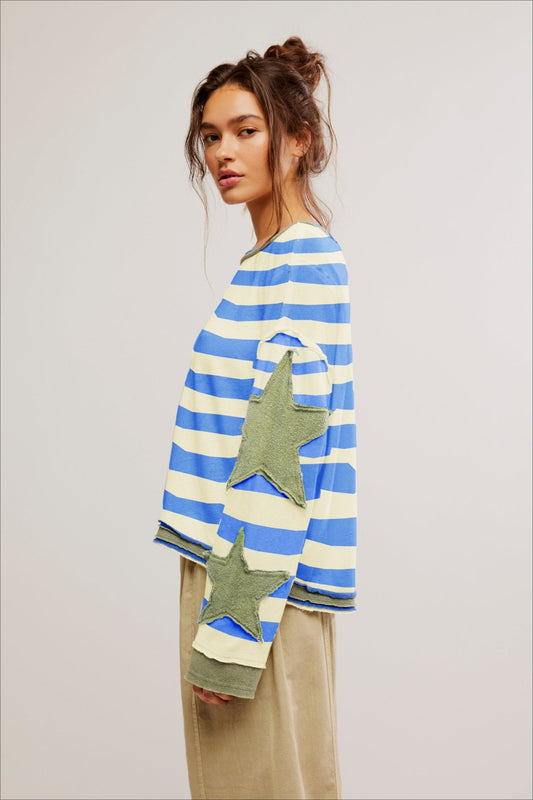 Star Sleeve Applique Stripe Sweatshirt