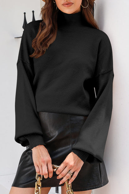 Shoulder Arm Turtleneck Knit Bubble Sweater Drop in Black