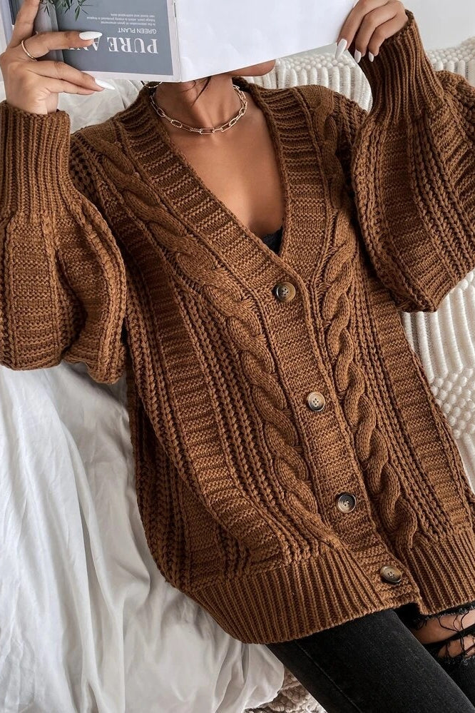 Lantern Sleeve Cable Knit Sweater Brown / S